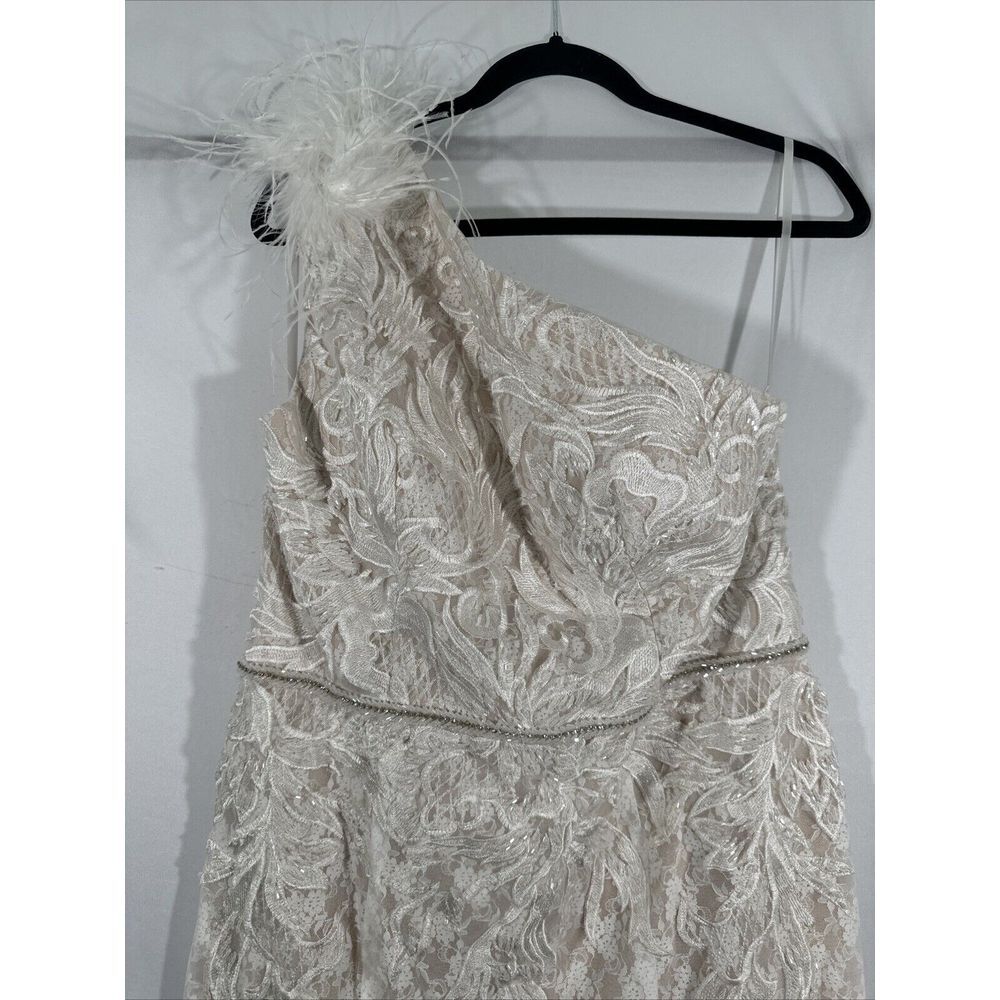 NEW $798 Mac Duggal [ 12‎ ] Lace Embellished Feather One Shoulder Gown Ivory - Picture 11 of 16